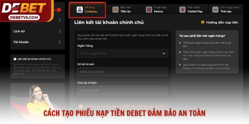 Cách tạo phiếu nạp tiền Debet đảm bảo an toàn